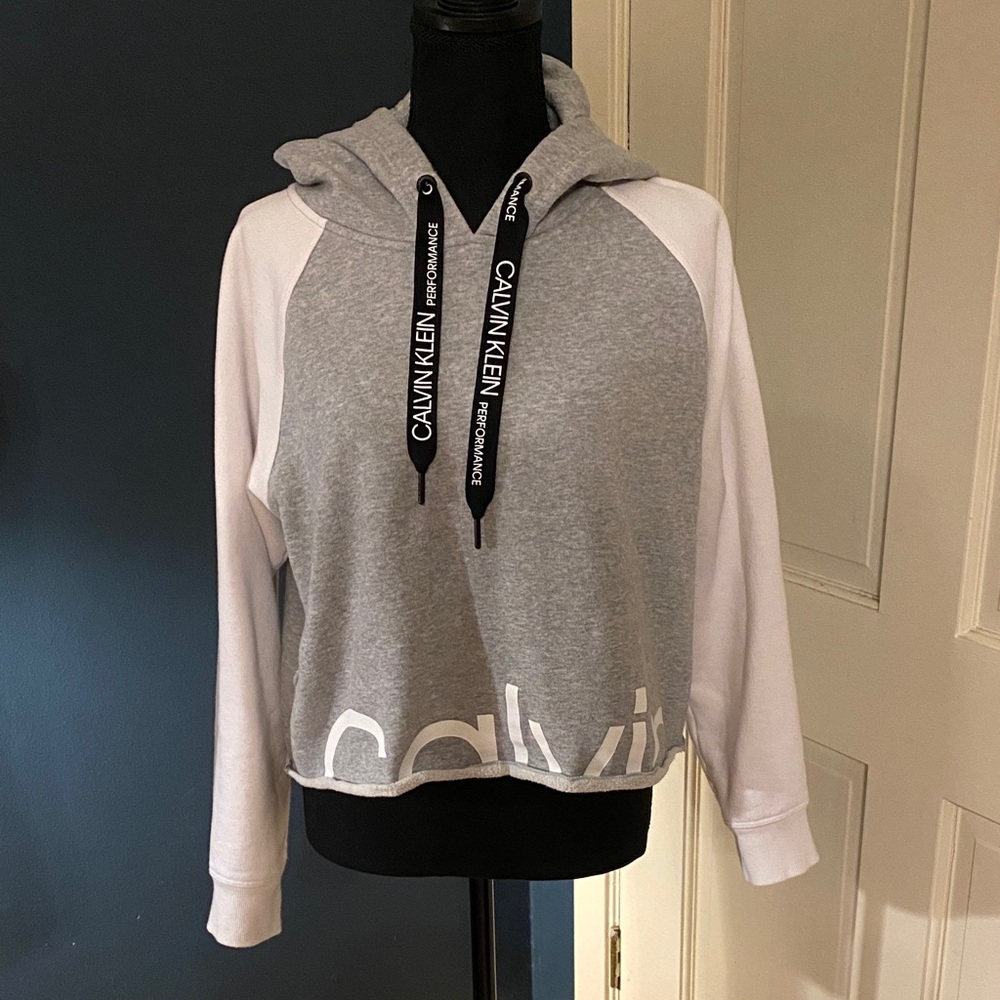 Calvin Klein Gray & White Cropped Hooded Sweatshirt M